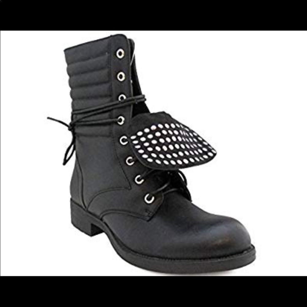 Ladies fold overTongue Studded Combat Boots - Picture 2 of 4